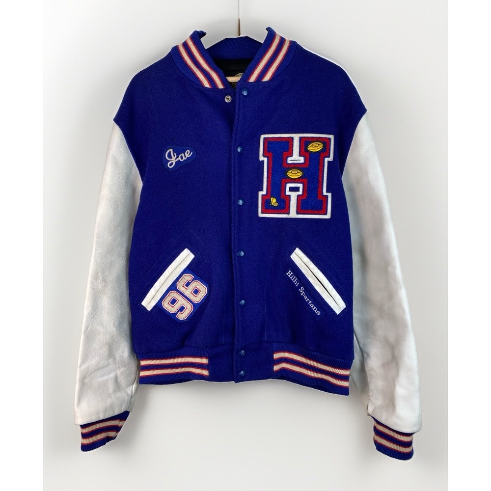 Vintage Dehen Size L Blue White 100% Wool Lined Letterman's Jacket Patches
